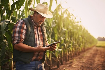 Wall Mural - a modern adult farmer in a corn field using a digital tablet