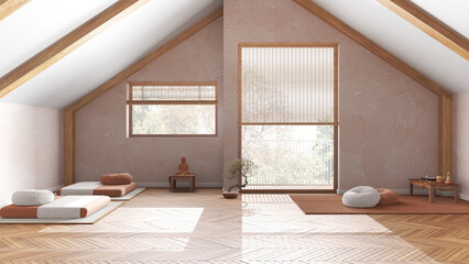 Wall Mural - Minimal meditation room in white and orange tones in wooden penthouse, pillows, tatami mats and decors. Ceiling beams and parquet floor. Japandi interior design