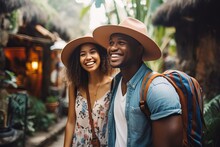 African American Couple Travelling In Summer. Happy Young Couple Travelers