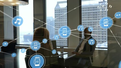Poster - Animation of network of icons over diverse businessman and businesswoman discussing at office