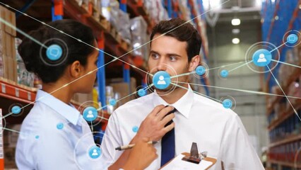 Poster - Animation of network of digital icons over diverse and female supervisors discussing at warehouse