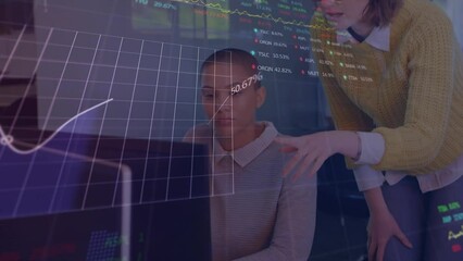 Poster - Animation of statistical, stock market data processing over two diverse women discussing at office