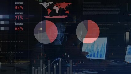 Poster - Animation of statistical data processing over diverse man and woman working late at at office