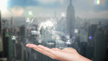 Poster - Animation of profile icons and spinning globe over cupped hands against aerial view of cityscape