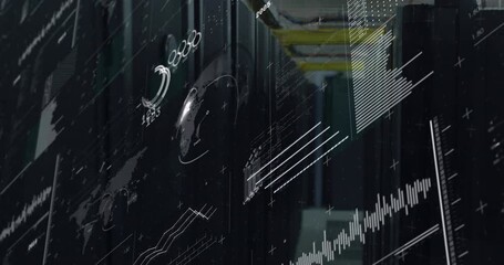 Poster - Animation of interface with spinning globe and data processing against computer server room