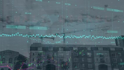 Poster - Animation of financial data processing against aerial view of tall buildings