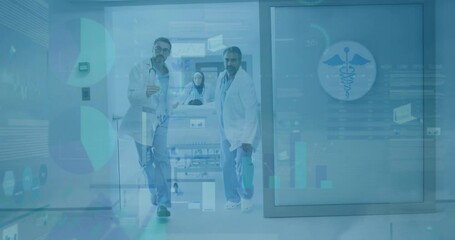 Wall Mural - Animation of data processing over team of diverse doctors moving a patient in operation theater