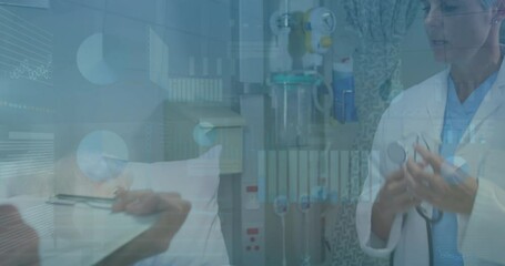 Poster - Animation of data processing on caucasian female doctor examining female senior patient at hospital