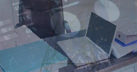 Poster - animation of statistical data processing over equipments on office desk against network towers