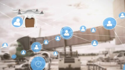 Poster - Animation of network of profile icons against drone carrying a delivery box at an airport