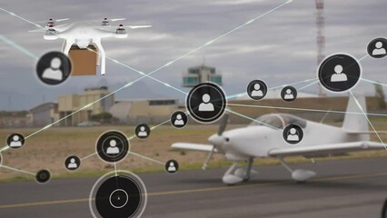 Poster - Animation of network of profile icons against drone carrying a delivery box at an airport