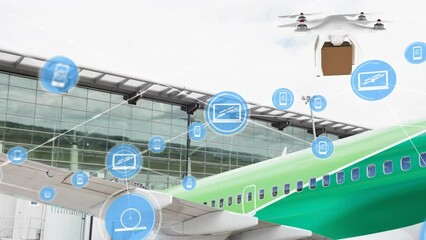 Poster - Animation of network of digital icons against drone carrying a delivery box at an airport