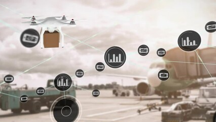 Poster - Animation of network of digital icons against drone carrying a delivery box at an airport