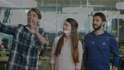 Poster - Animation of network of connections over team of diverse colleagues discussing together at office