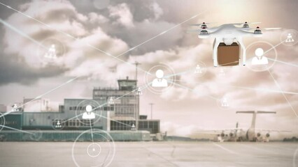 Poster - Animation of network of profile icons against drone carrying a delivery box at an airport