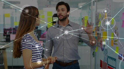 Poster - Animation of network of connections over diverse man and woman discussing over memo notes