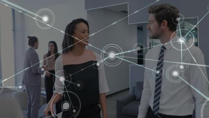 Canvas Print - Animation of network of connections against diverse man and woman shaking hands at office