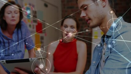 Poster - Animation of network of connections over diverse colleagues discussing over a tablet at office