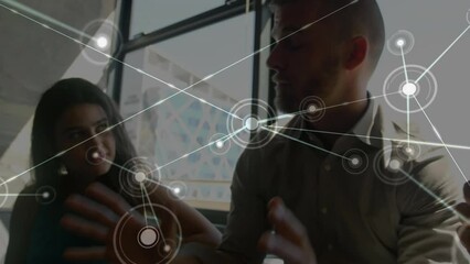 Poster - Animation of network of connections over team of diverse colleagues discussing together at office