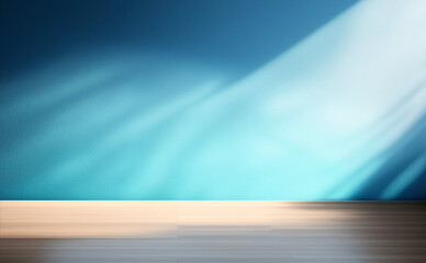 Poster - Beautiful versatile backdrop for design and product presentation with blue wall, light reflections and wooden floor.