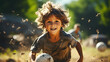 Young children playing soccer on grass field. Kids soccer football concept.