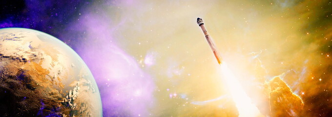 Wall Mural - dark space shuttle launch in the clouds with stars on background.spaceship flight. elements of this 