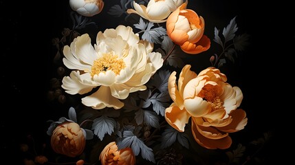 Painting of orange and silver Peony flower bouquet on black. Art painting for wall frames. Ai generative.