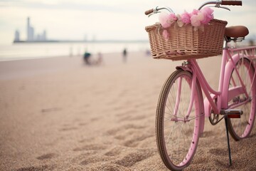 Pink pastel colors classic bicycle with flowers in basket parked at beach on sunny day. Vintage bicycle with basket with pink flowers near ocean