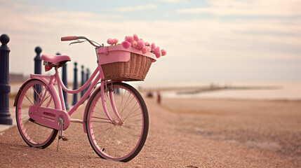 Pink pastel colors classic bicycle with flowers in basket parked at beach on sunny day. Vintage bicycle with basket with pink flowers near ocean,