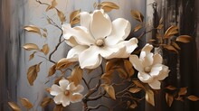 White And Golden Magnolia Flower On Textured Background. Abstract Art Painting For Wall Frames. Elegant Light Beige And Bronze Flower Wall Art. Ai Generative.