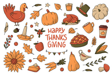 Wall Mural - set of Thanksgiving doodles, clip art, cartoon elements isolated on white background for stickers, prints, cards, sublimations, magnets, planners, stationary, etc. EPS 10