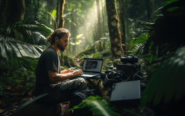 digital nomad, Photo vlogger, Travel blogger trekking and filming in destination forest. Checking clip. On site video editing.  hand edited generative AI.
