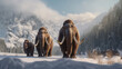 A trio of woolly mammoths trudges over snow covered hills. Behind them, mountains with snow covered peaks rise above dark green forests of fir trees. elephant mammoth. Generative Ai
