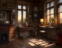 The Interior Of An Old Study Room In A House With Papers On A Desk And Table And Old-fashioned Wooden Furniture