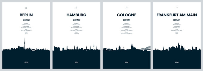 travel vector set with city skylines berlin, hamburg, cologne, frankfurt am main, detailed city skyl