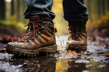 A Man Wearing Hiking Boots Walking Through A Puddle. Generative AI Image.