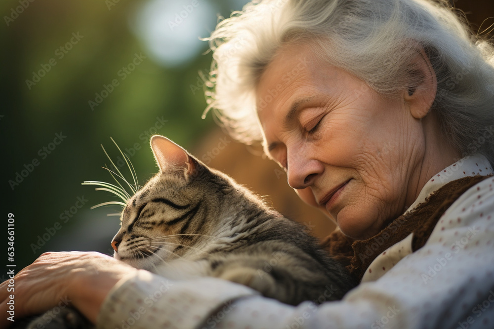 An elderly woman peacefully napping while her cat rests on her chest ...