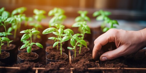 Wall Mural - Human hands are planting tomato sprouts in a greenhouse.