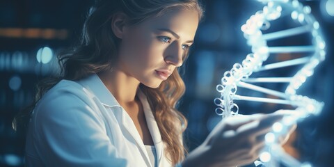 Leinwandbilder - A female scientist works on the background of DNA chains. genetic science. study of the human genome.