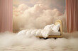 A dreamy bedroom scene where a cozy bed seems to nestle amidst a floor of fluffy white clouds, invoking surreal dreams and calm