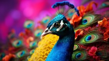 Photo Of A Majestic Blue Peacock Displaying Its Magnificent Feathers Created With Generative AI Technology