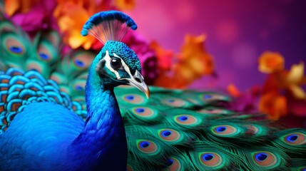 Photo of a majestic blue peacock displaying its magnificent feathers created with Generative AI technology