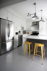 Trendy white modern kitchen interior with minimalistic furniture