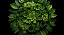  A Green Flower Surrounded By Green Leaves On A Black Background.  Generative Ai