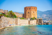 Kizil Kule Or Red Tower Of Alanya Castle In Alanya City, Antalya Province On The Southern Coast Of Turkey