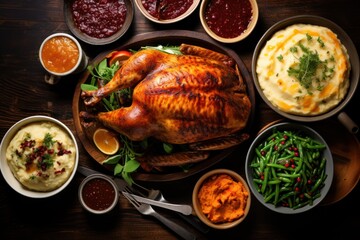 Wall Mural - Thanksgiving dinner table. Roasted turkey with vegetables and traditional sides top view