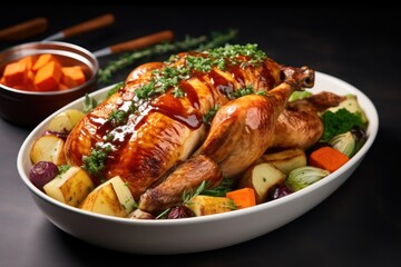Wall Mural - Thanksgiving roasted turkey in a plate with vegetables, closeup view
