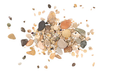 Wall Mural - Colorful rounded sea pebbles and sand, rocks isolated on white, top view