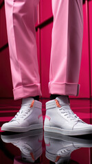 Canvas Print - A person wearing white sneakers and pink pants. Generative AI image.