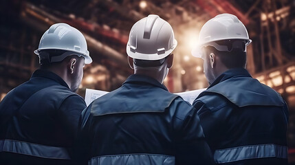 Back view, behind, rear. Portrait of architect civil and engineering builder holding layout plan on factory under construction site.